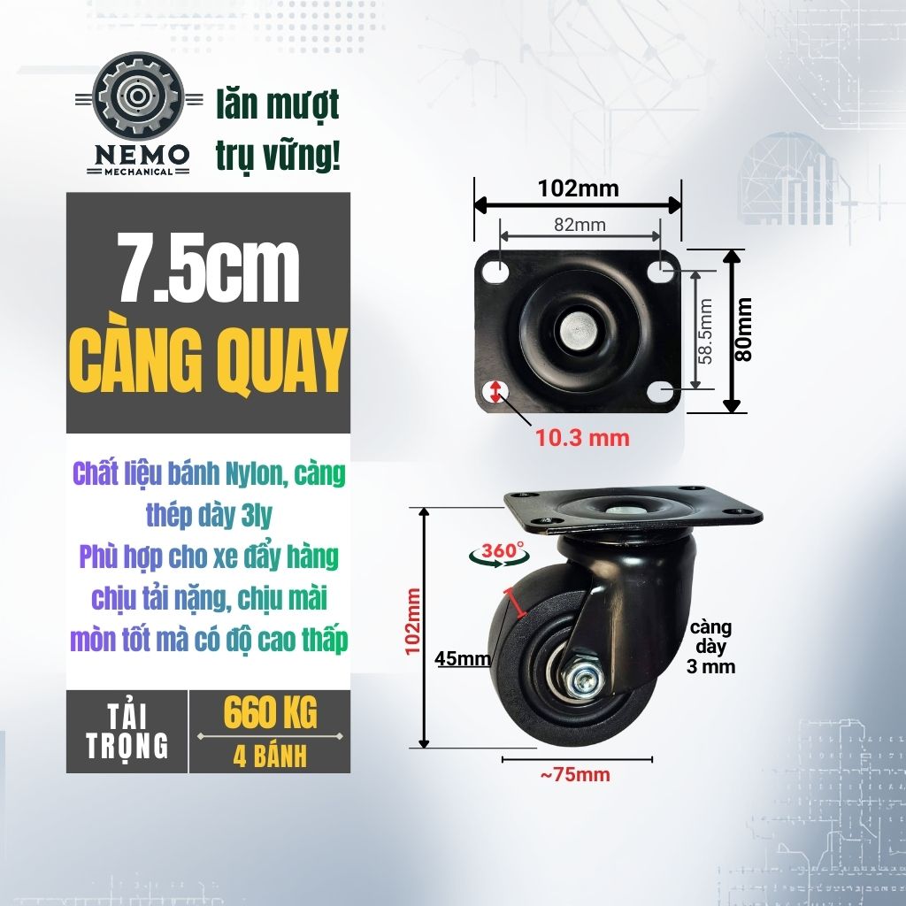 Bánh Xe Nylon Lùn Tải Nặng – Trọng Tâm Thấp, Càng Thép Dày 3mm (D50, D65, D75)